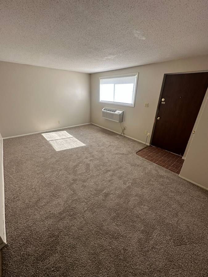 Empty room with brown carpet, window, air conditioner, and dark brown door.