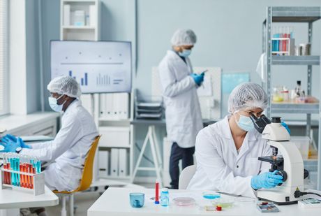 um grupo de cientistas está trabalhando em um laboratório.