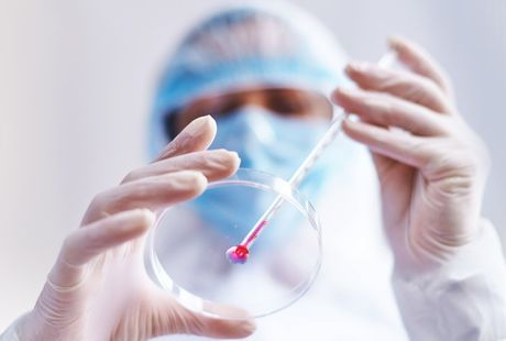 um cientista está segurando uma placa de Petri com um tubo de ensaio dentro.