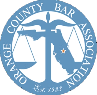 Orange County Bar Association logo with a scale of justice over Florida map, light blue,