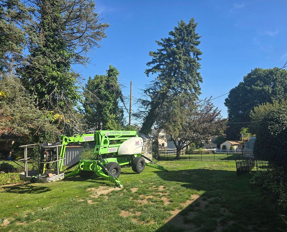 Green aerial lift in a backyard, under a blue sky, near trees and a fence.