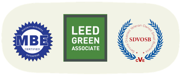 Three logos for leed green associate , mbe , and sdvosb