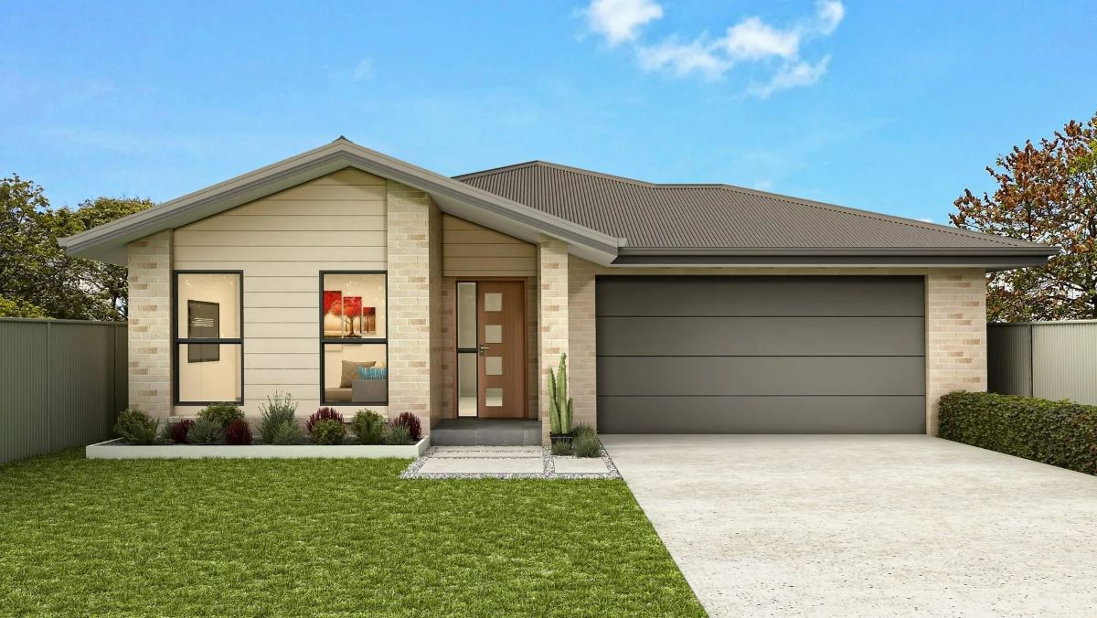 A Modern Single-Story House with A Gray Garage Door, Beige Brick — Country to Coast Homes In Gregory River, QLD