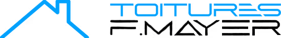 Logo pour Toitures F. Mayer, comportant une icône de toit en bleu et du texte dans une police futuriste.