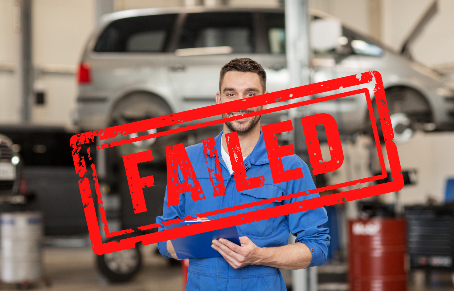 A man is standing in front of a car with a failed stamp on it.