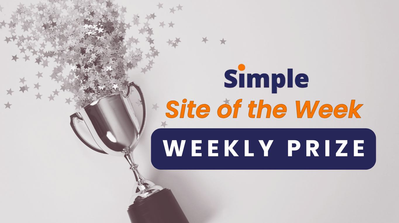 A trophy with confetti coming out of it and the words simple site of the week weekly prize