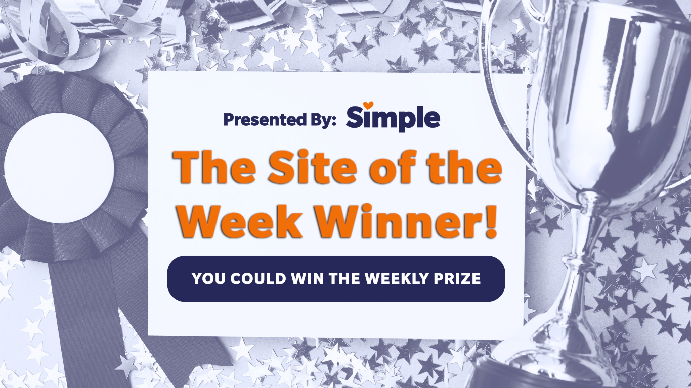 A trophy with confetti coming out of it and the words simple site of the week weekly prize