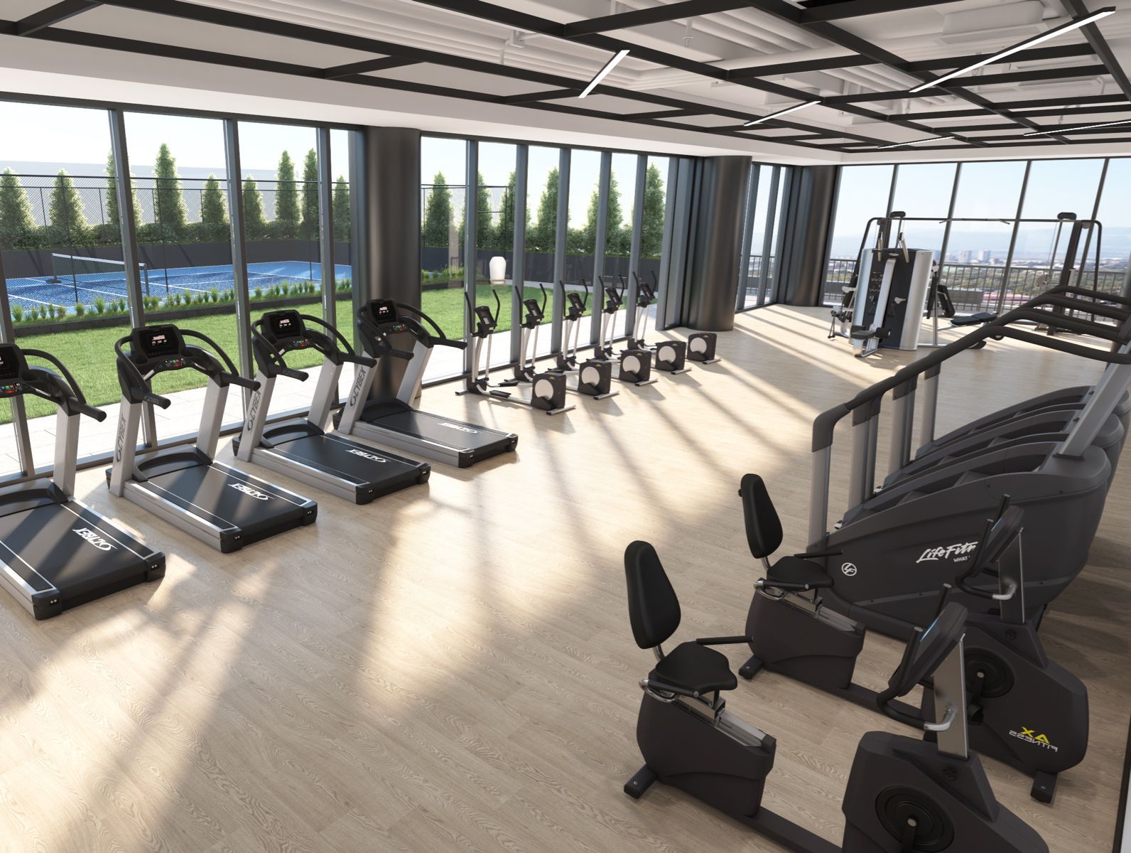 An artist 's impression of a gym with treadmills and exercise bikes