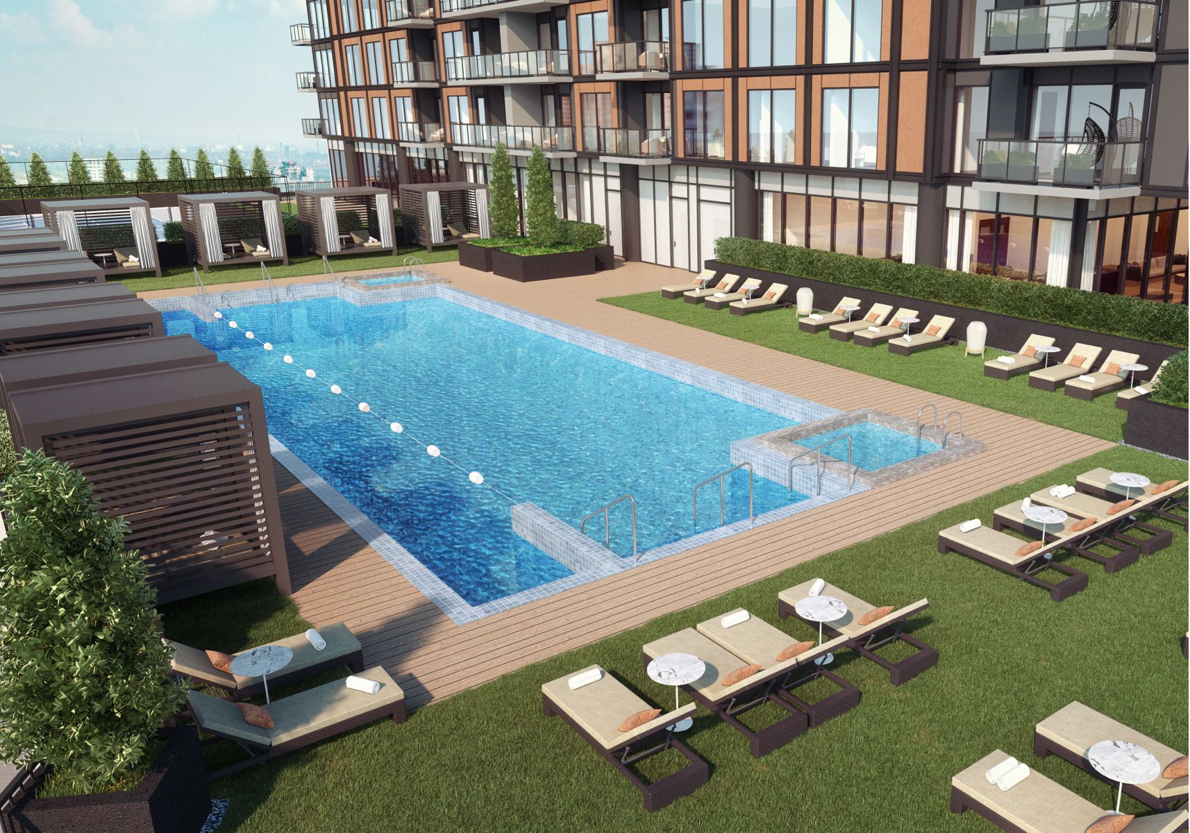 An artist 's impression of a large swimming pool surrounded by lounge chairs