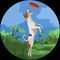 A dog is standing on its hind legs in a field holding a frisbee.