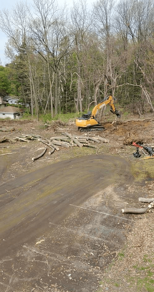 A yellow excavator is working on a dirt road in the middle of a forest.