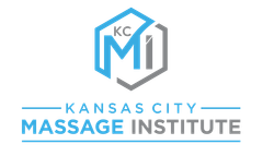 The logo for kansas city massage institute is blue and gray.