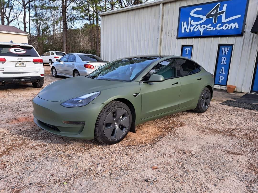 Tesla full color change wrap in matte military green