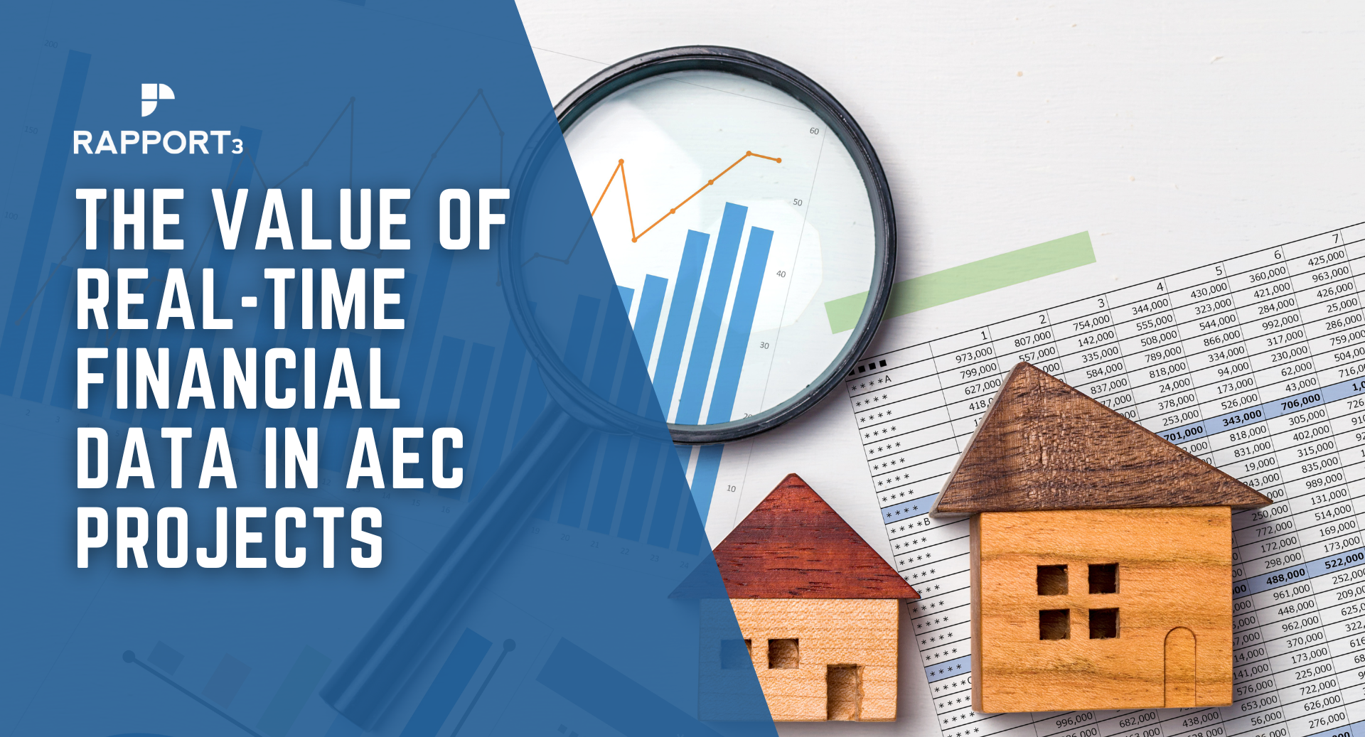 magnifying glass, houses, graphs