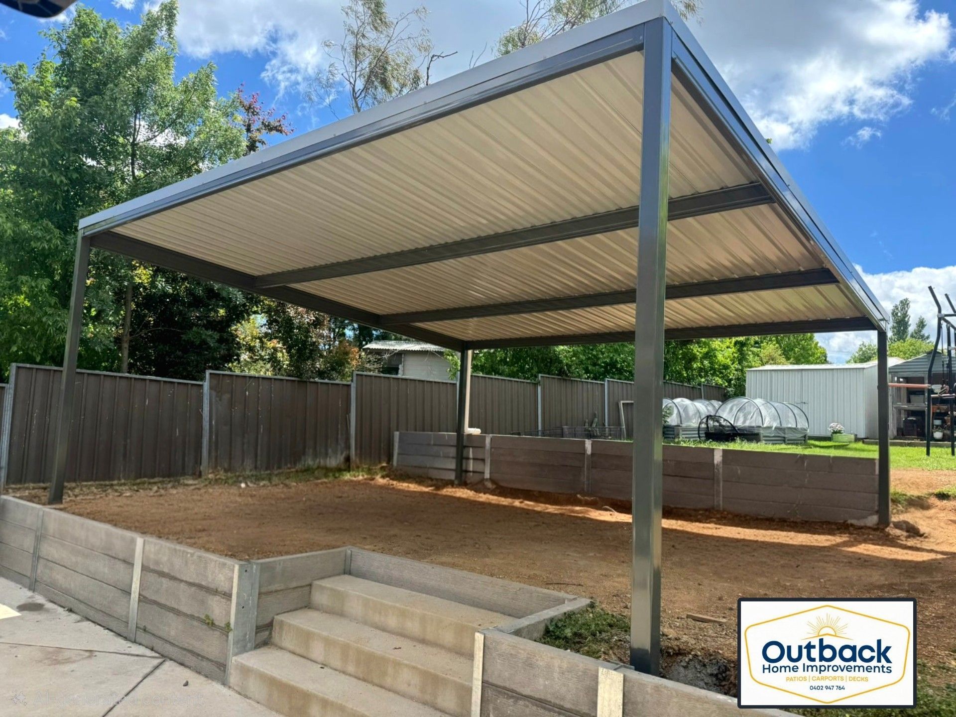 Raised steel patio built on sloped backyard in Dubbo by Outback Home Improvements