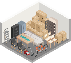 Isometric view of a storage unit filled with furniture, boxes, and a bicycle.