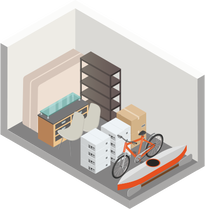 Isometric view of a storage unit with a mattress, desk, shelving, boxes, bike, and kayak.