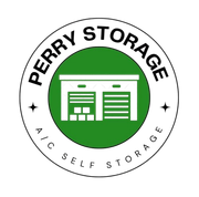 Perry Storage logo: Green circle with storage building graphic. "PERRY STORAGE A/C SELF STORAGE" text around the circle.