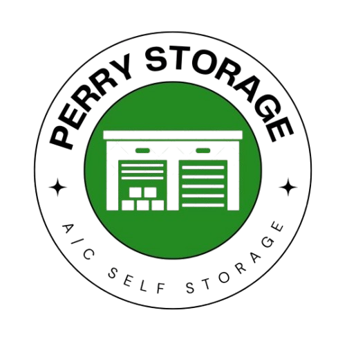 Perry Storage logo: Green circle with storage building graphic. "PERRY STORAGE A/C SELF STORAGE" text around the circle.