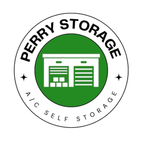 Perry Storage logo: Green circle with storage building graphic. "PERRY STORAGE A/C SELF STORAGE" text around the circle.