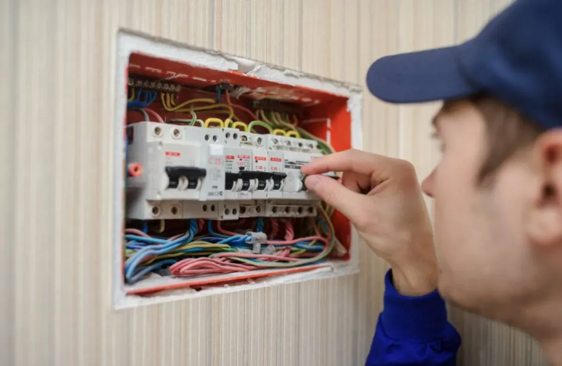 Electrician installing three phase electrical system in a London commercial building