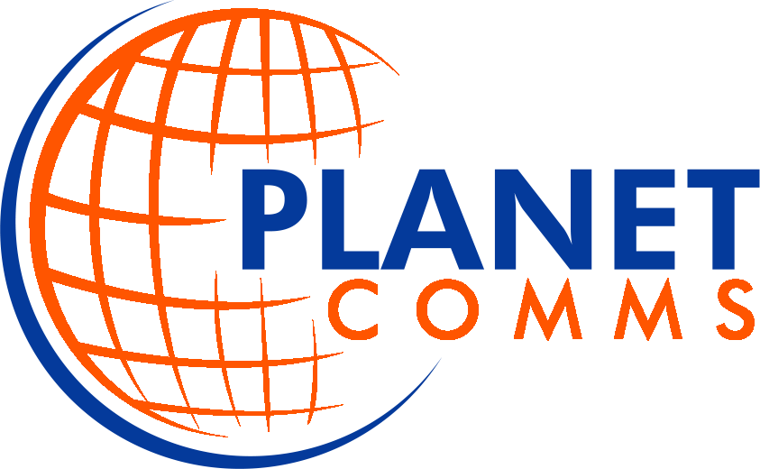 Orange and blue Planet Comms logo with a globe graphic.