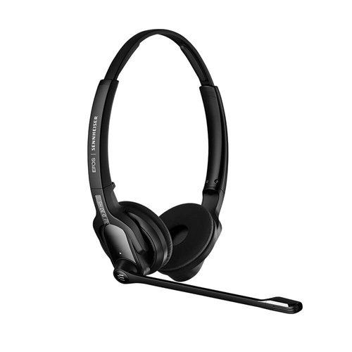Black over-the-ear headset with a flexible microphone extending from the left earcup.