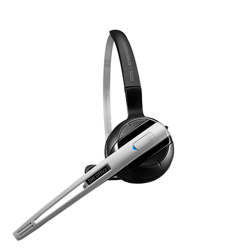 Black and silver wireless headset with a microphone, worn on one ear.