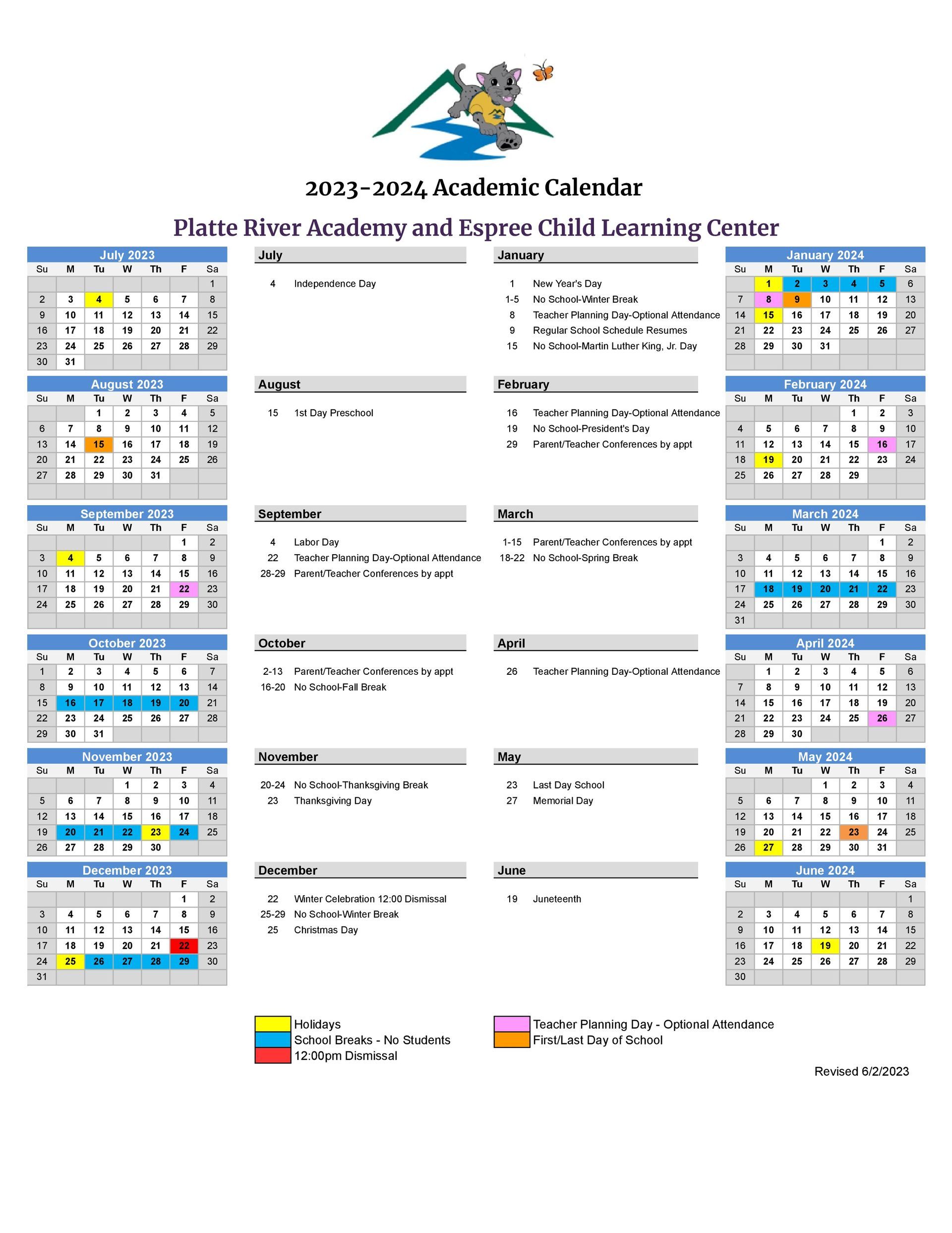 Platte River Academy Calendars