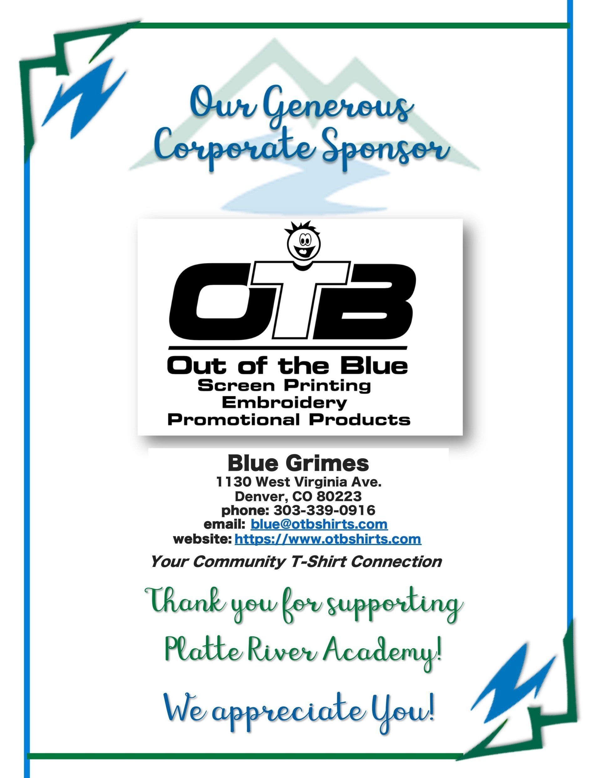 An advertisement for out of the blue screen printing embroidery promotional products