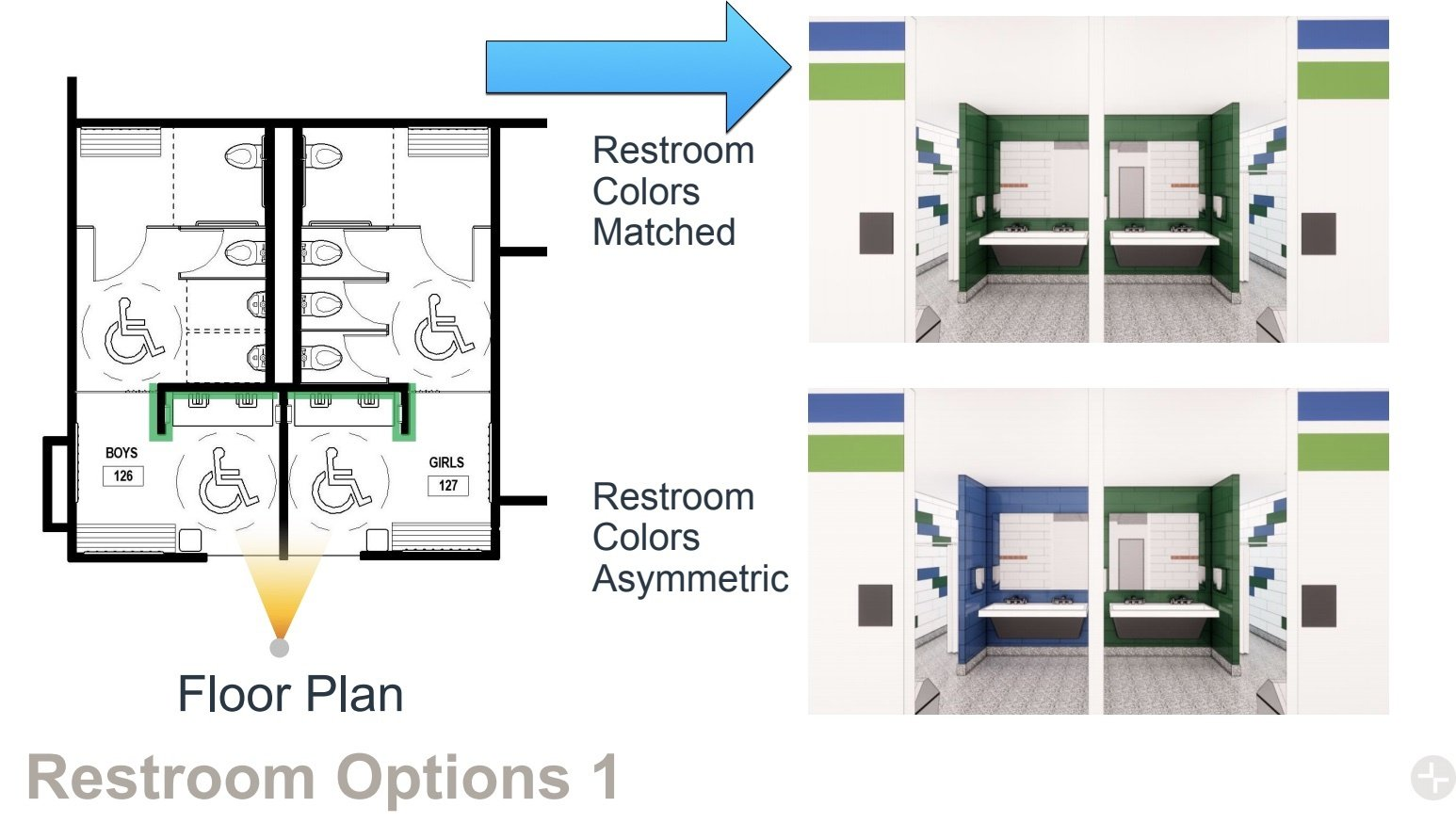 A floor plan of a restroom and a picture of a restroom.