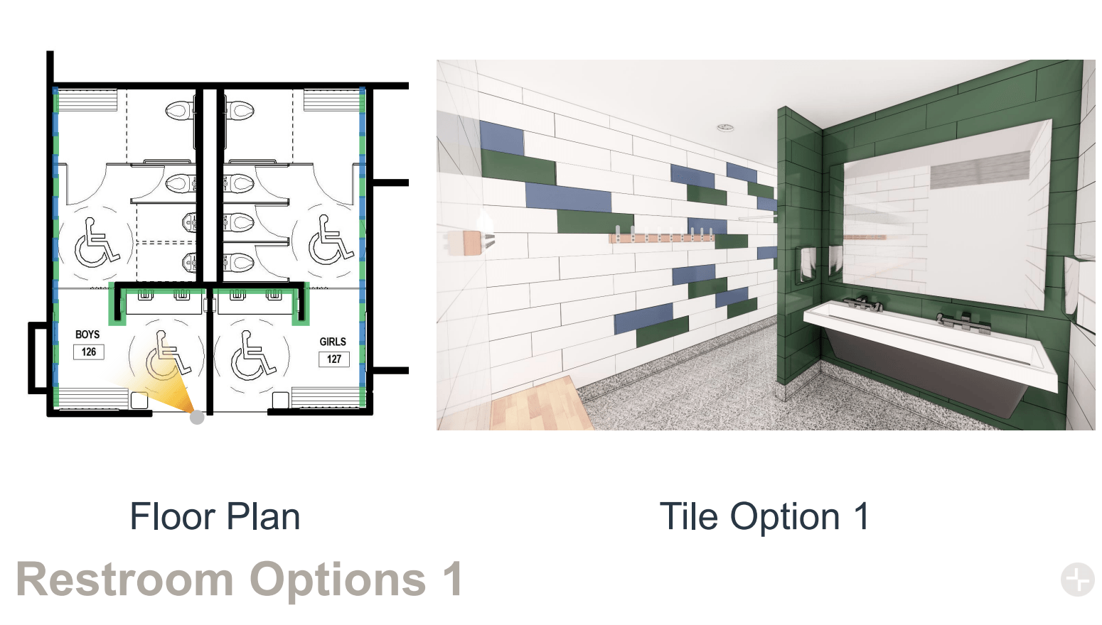 A floor plan and a tile option for a restroom.
