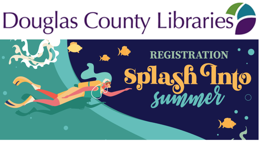 A sign for douglas county libraries that says splash into summer