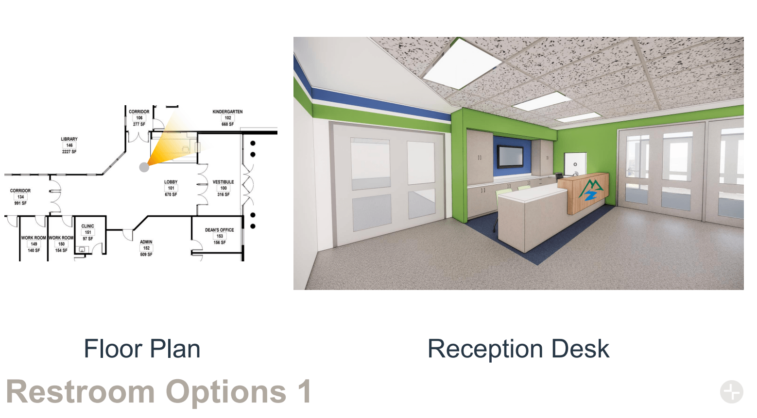 A floor plan of a restroom and a reception desk