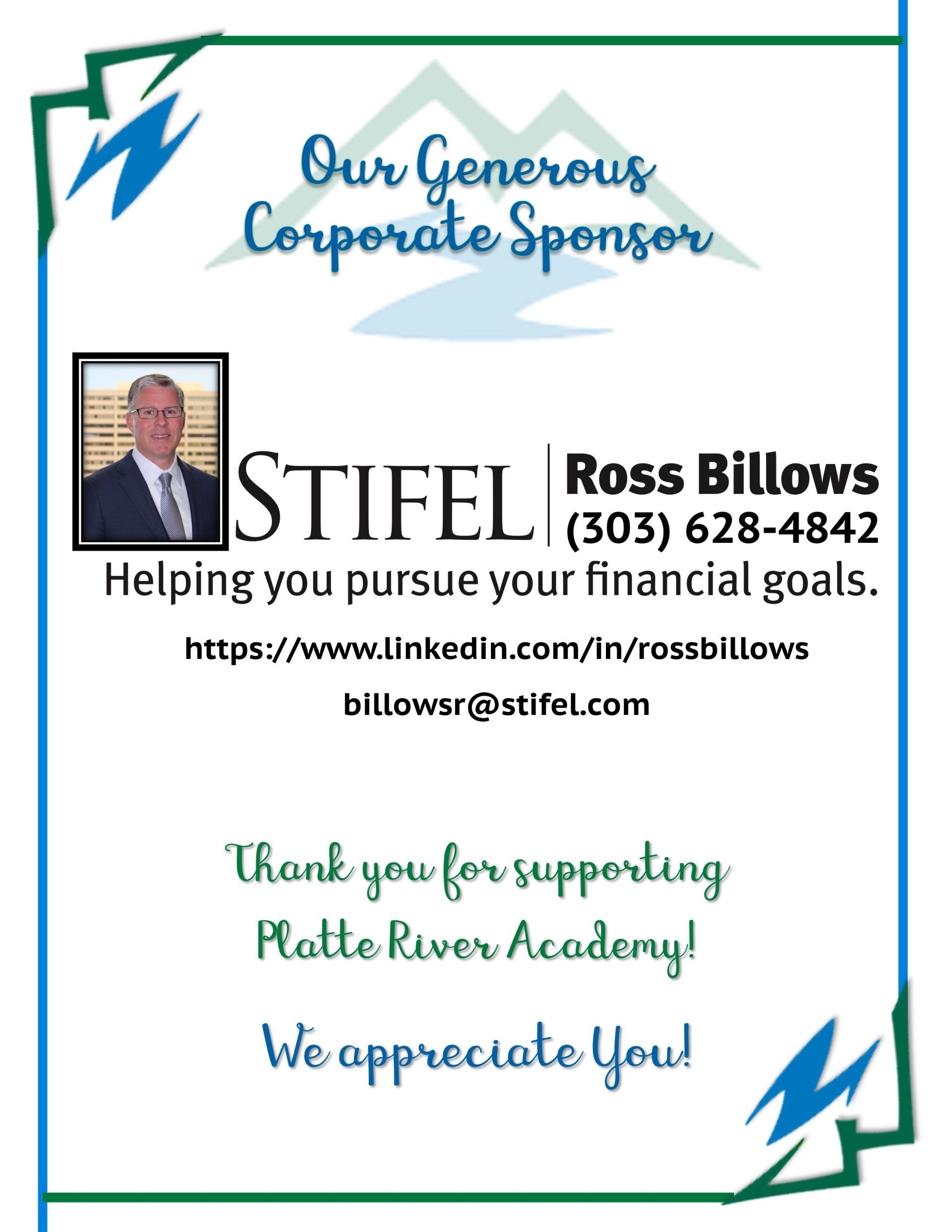 An advertisement for a corporate sponsor with a picture of a man in a suit and tie