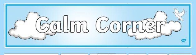A blue sign that says calm corner on it