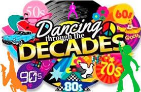 A colorful poster that says `` dancing through the decades ''