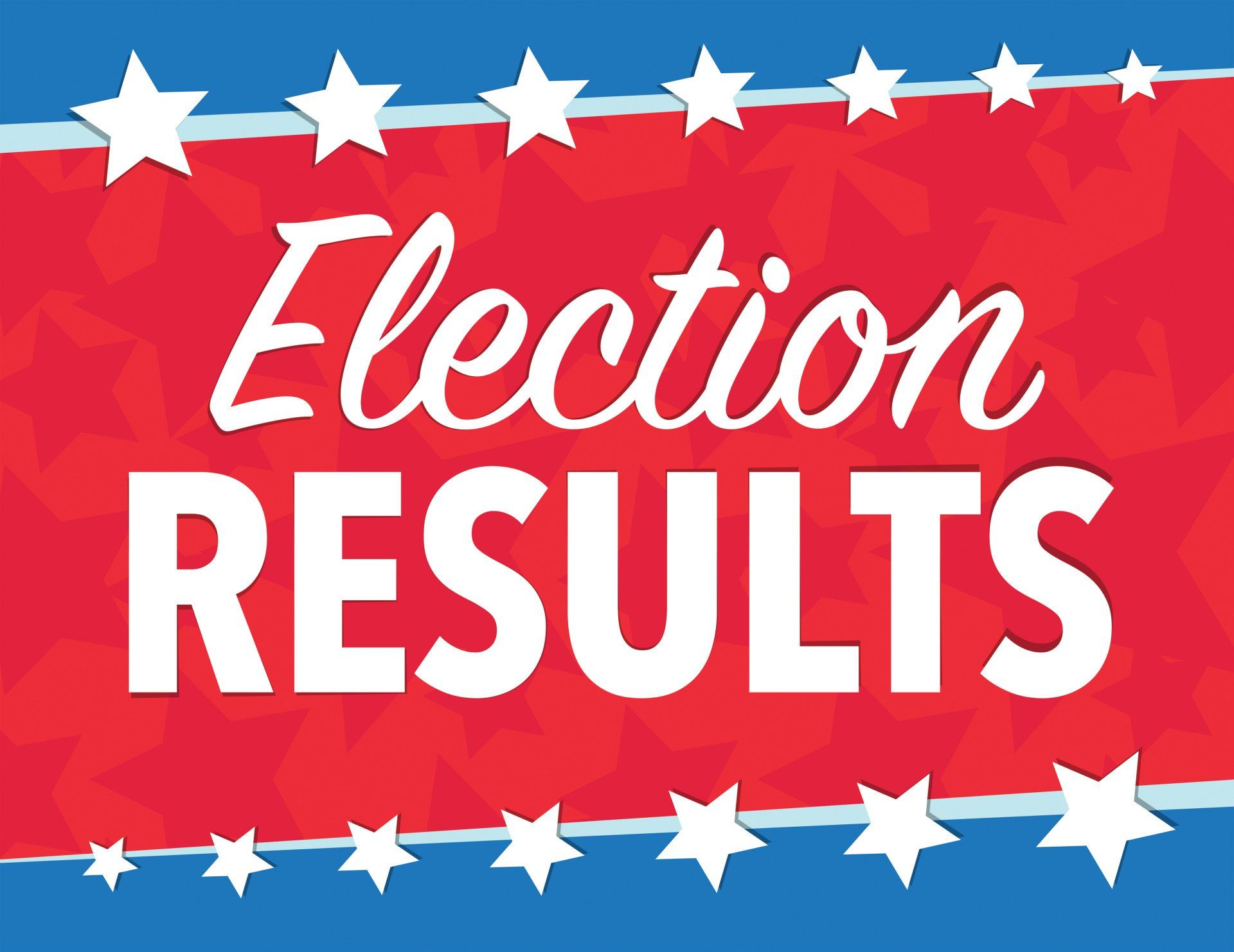 A red , white and blue sign that says election results.