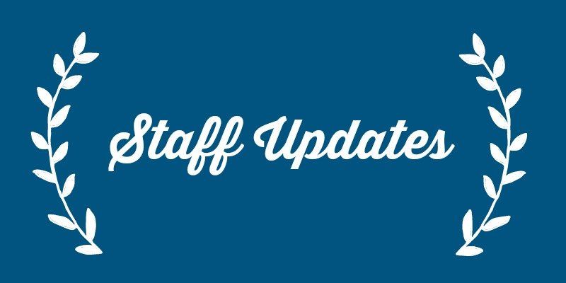 A blue background with white leaves and the words staff updates