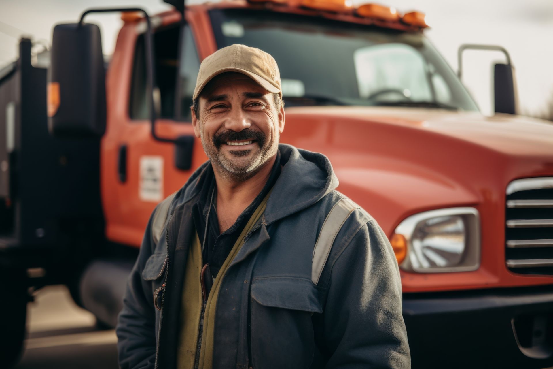 Smiling portrait of a middle aged Mexican male tow truck drive