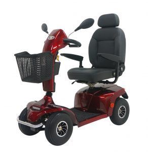 A Red Mobility Scooter with A Basket on The Front Is on A White Background — Mobility Modification Services In Garbutt, QLD