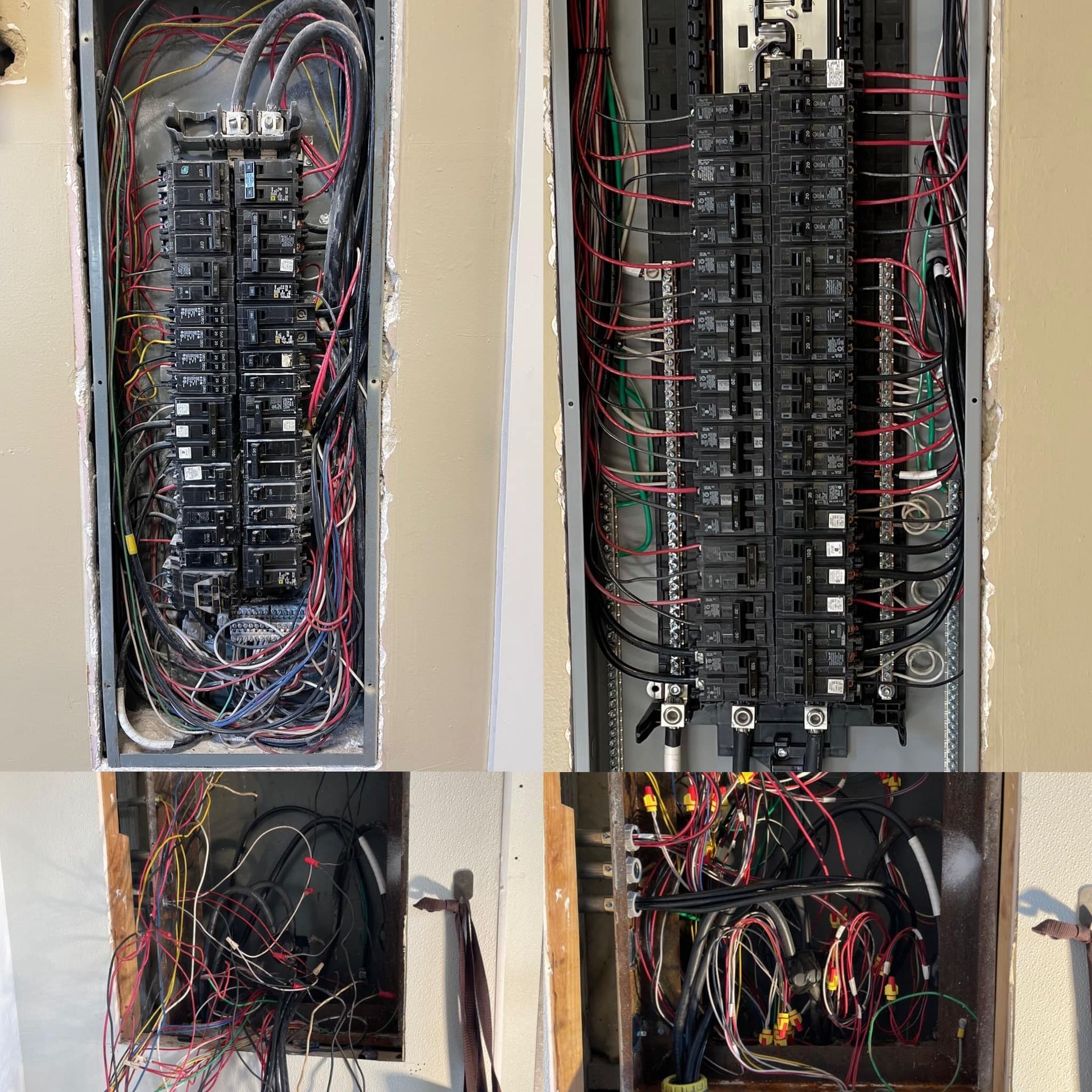 Two electrical panels with numerous wires and breakers, mounted in wall cavities.