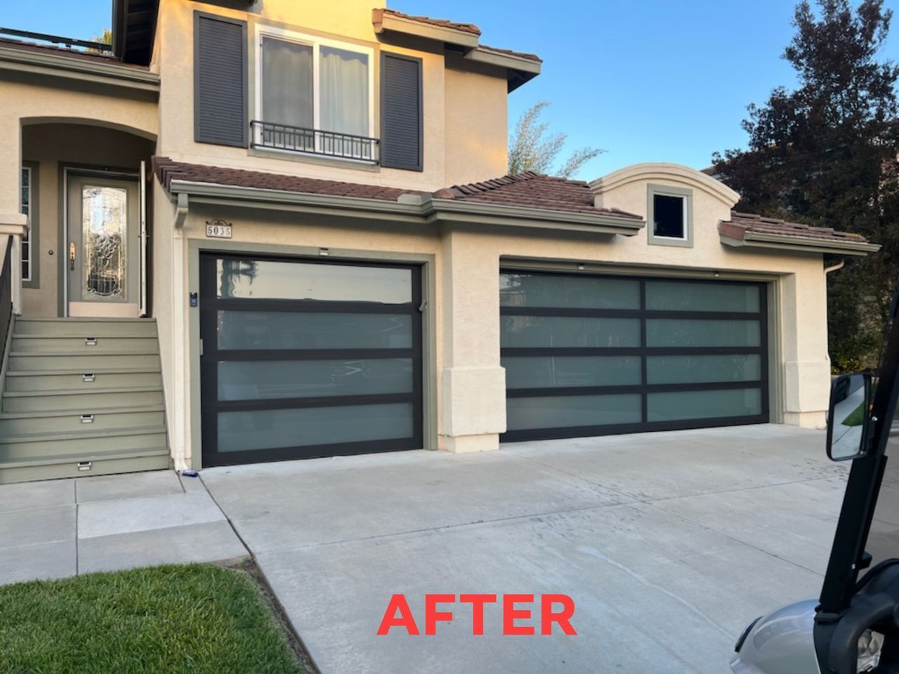 A picture of a house with a car parked in front of it that says after