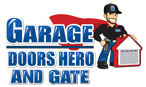 The logo for garage doors hero and gate shows a man in a cape holding a garage door.