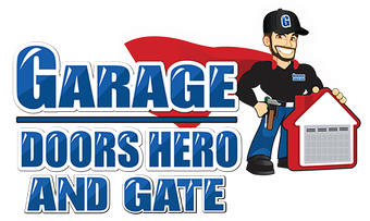 The logo for garage doors hero and gate shows a man in a cape holding a garage door.