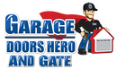 The logo for garage doors hero and gate shows a man in a cape holding a garage door.