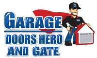 The logo for garage doors hero and gate shows a man in a cape holding a garage door.