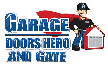 The logo for garage doors hero and gate shows a man in a cape holding a garage door.