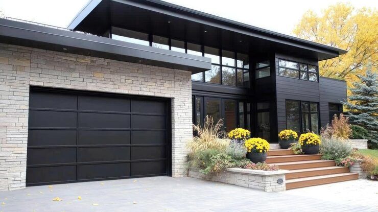 Modern house exterior with black accents, stone and garage door. Wooden steps, landscaping, and driveway.