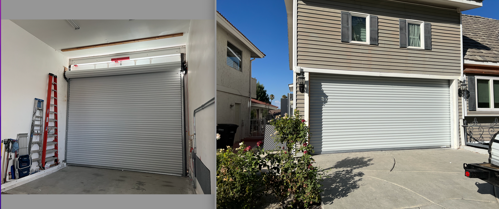 A picture of a garage door and a picture of a house with a garage door.